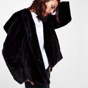 black hooded faux fur coat